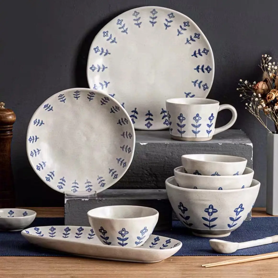 Wholesale bulk speckled glaze handmade ceramic tableware modern vintage hotel home restaurant dinner set