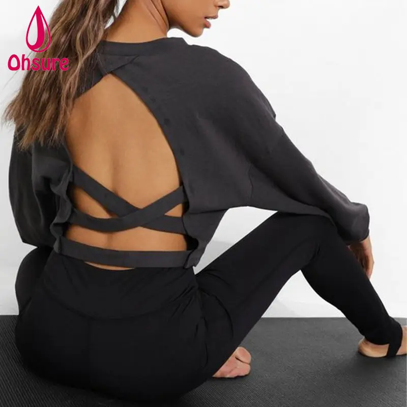 High Stretch Yoga Open Back Crop Schweiß oberteil Solid Sports Langarm T-Shirt Frauen Fitness Gym T-Shirt