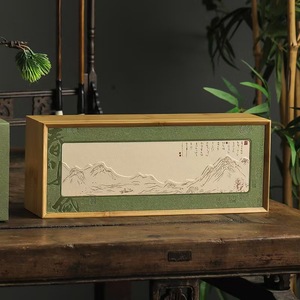 Caja de madera rectangular para té con diseño de montaña para almacenar té a granel - Product Image 1