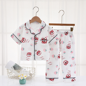 Vente directe usine de pyjamas pour enfants, ensembles en gaze à manches courtes, col à boutonnage simple, imprimé dessin animé, pyjamas pour filles. - Product Image 6