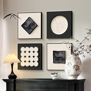 Pintura abstracta geométrica moderna minimalista en blanco y negro, cuadro cuadrado con marco de aleación de aluminio, arte de pared en lienzo con acabado en óleo para sala de estar - Product Image 4