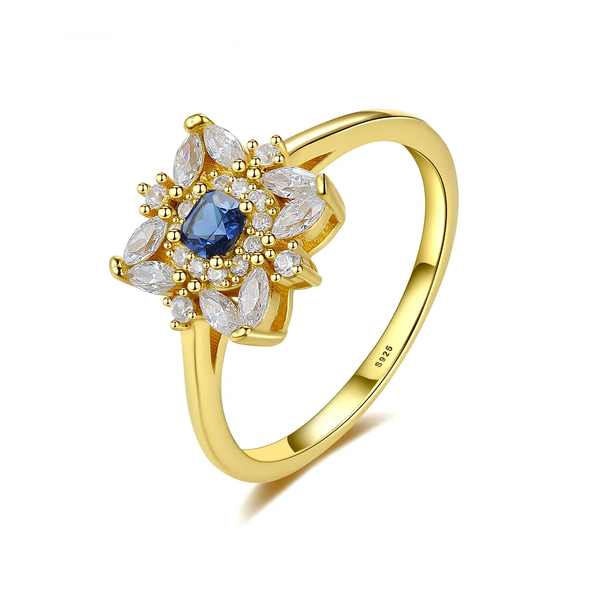 Luxury Palace Style 925 Silver Jewelry 18K Gold Plated Blue Zircon Blossom Jewelry Rings For Women