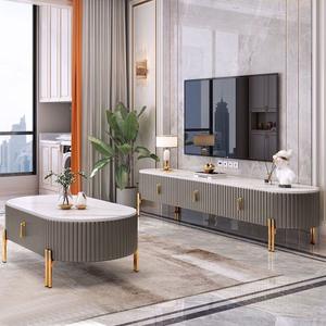 طقم طاولة قهوة وخزانة تلفزيون فاخرة بتصميم عصري بسيط، شكل بيضاوي من الزجاج واللوح الصخري، أثاث منزلي لغرفة المعيشة والشقق - Product Image 5