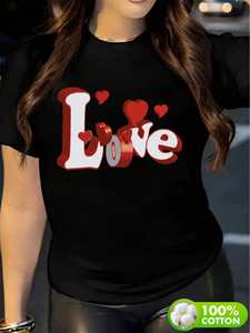 T-shirt Casual da Donna Taglie Forti a Maniche Corte Girocollo Nero Rosso Bianco Stampa Cuore Amore Stampa a Rilievo 100% Cotone Primavera - Product Image 3