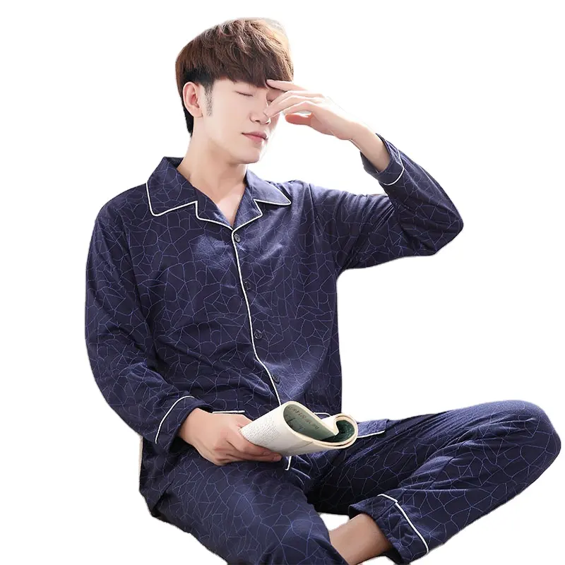 Wholesale Korean Home Clothes Long Sleeve Men's Broadcloth Pajama Set 100% Fine Cotton Comfortable Men Sleepwear