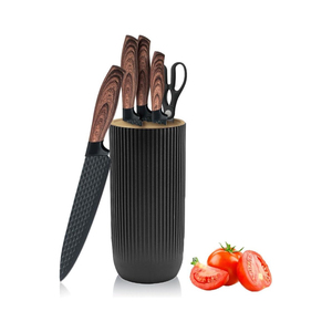 Ensemble de 6 couteaux en acier inoxydable avec revêtement, bloc de rangement pour ustensiles de cuisine, manches en bois, ciseaux à bord droit, ergonomique et ambidextre - Product Image 1