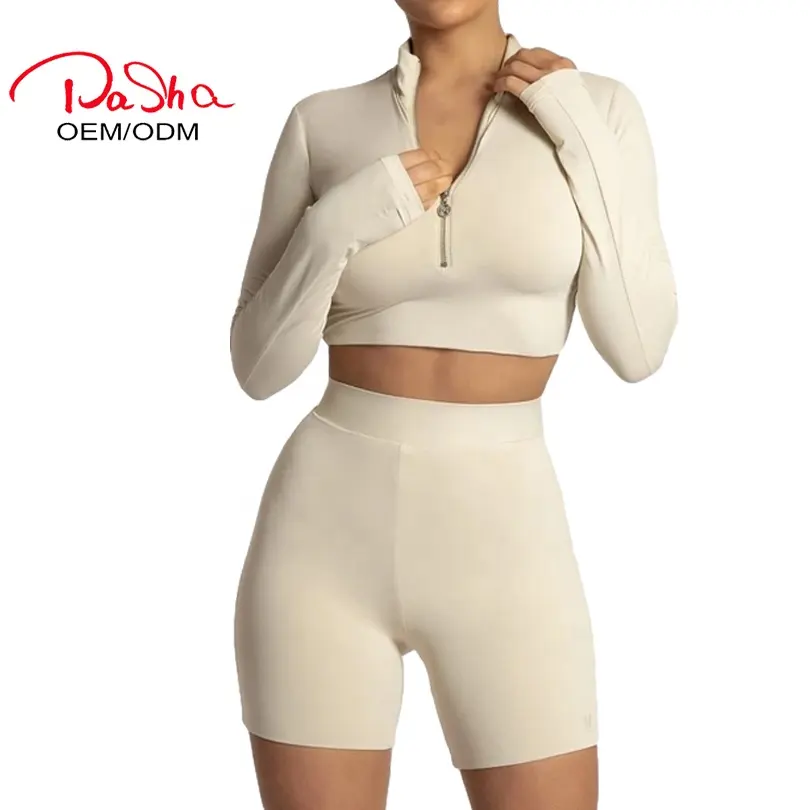 Pashasunshine OEM Sports Wear Customize Manufacture Yoga Gym Apparel Zip Up Crop Long Sleeve High Waisted Shorts Yoga set