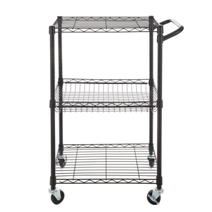 Chariot utilitaire en métal noir à 3 niveaux, chariot de rangement à roulettes avec poignée pour cuisine, restaurant, bureau, finition chromée - Product Image 3