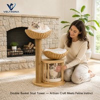 Rak Kucing Bertingkat Keranjang Rotan Ganda dengan Tiang Sisal, Kandang Kayu, Perabot Panjat Dalam Ruangan Grosir