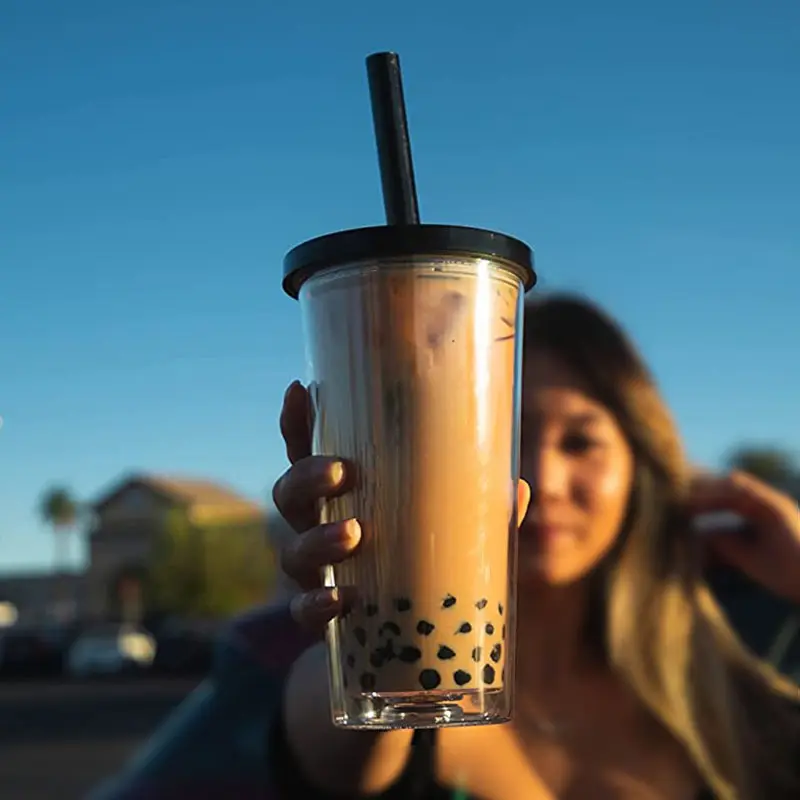 Cangkir Boba Super Panas dengan Tutup dan Sedotan, Cangkir Boba Desain Baru Olovn, Gelas Minum Teh Susu Lapisan Ganda Bening Gelas Tumbler Kustom