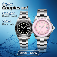 Montre mécanique pour couple personnalisée, ronde, noire et rose, mouvement automatique, date, acier inoxydable, étanche, verre saphir enduit