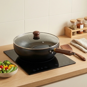 Wok <span class=keywords><strong>de</strong></span> <span class=keywords><strong>hierro</strong></span> antiadherente sin recubrimiento <span class=keywords><strong>de</strong></span> 24/26/28 cm con tapa <span class=keywords><strong>de</strong></span> vidrio, sartén grande para freír. - Product Image 1