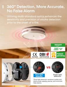 Détecteur de fumée connecté <span class=keywords><strong>Meross</strong></span> Matter, capteur optique double intelligent WiFi, notification d'application, compatible Apple Google Home, hub 33 mm - Product Image 2