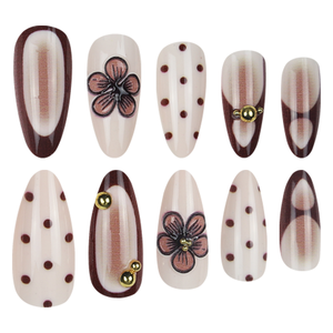 Faux ongles à presser en amande, 24 pièces, motif floral à pois <span class=keywords><strong>marron</strong></span> avec perles dorées, réutilisables, couverture complète, vente en gros - Product Image 2