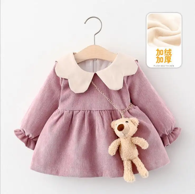 High Quality 6-36 Months Girls Dress Fasion Three Flowers Lace Baby Girls Dress Baby Long-Sleeve Frock Autumn Winter Clothes