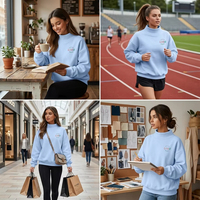 Sweatshirts à col rond bleu ciel avec logo personnalisé, sweatshirts oversize brodés à col montant, sweatshirts à col roulé, vêtements de sport pour femmes