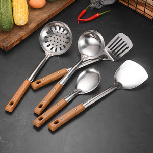 Ustensiles de <span class=keywords><strong>cuisine</strong></span> en acier inoxydable de haute qualité, 5 pièces, manche en bois naturel, écologiques, compatibles lave-vaisselle, antidérapants - Product Image 2
