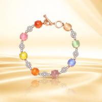 Pulsera con Piedras Ojo de Gato Redondas Multicolor, Bañada en Oro de 18K con Circonita Cúbica