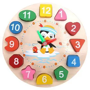 漫画動物木製デジタル時計おもちゃモンテッソーリキッズ木製ビーズ幾何学パズル幼児教育ブロック時計おもちゃ