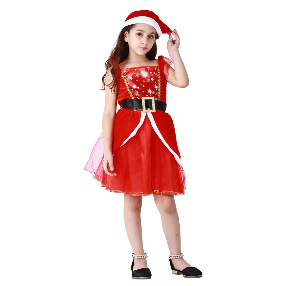 Ecowalson Offres Spéciales enfants filles Noël elfe habiller Costumes déchiquetés détail robe avec chapeau robe costume pour Cosplay