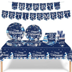 Silver Blue Retirement Theme Paper Plates Round Digital Printing 60-80 Pcs Party Tableware - Product Image 5