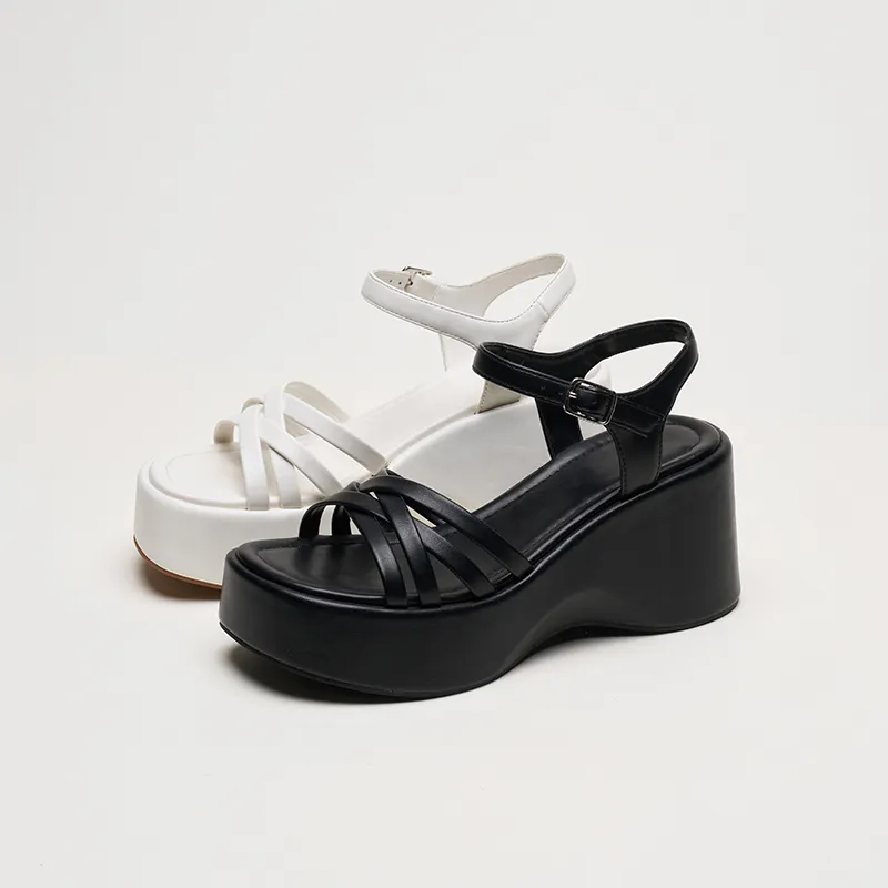 Sandalias de cuña con punta abierta para mujer, tacón con tiras y plataforma gruesa en blanco y negro de Color sólido personalizado, para verano
