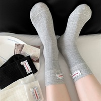 Chaussettes mi-mollet en coton sans couture, style coréen, grises, avec étiquette tissée, empilables, pour femme, printemps-été, décontractées