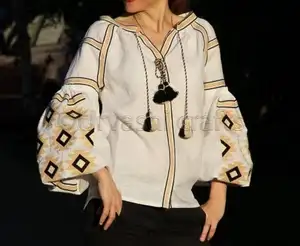Fashion Seksi Vintage Elegan Mode Cerah Tradisional Lengan Bordir Pakaian Kasual Atasan Blus Ukranian dengan Rumbai