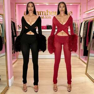 Mono de una Pieza con Escote Profundo en V Cruzado y Aberturas, Sexy, Ajustado, con Parches, Manga Larga, Ropa de Calle, Elástico y Ajustado - Product Image 1