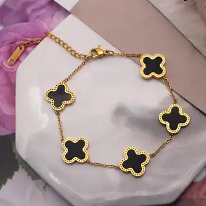 18K Gold Plated Non Tarnish Waterproof Stainless Steel Jewelry Charm Lucky Leaf Clover Bracelet necklace earrings set for women