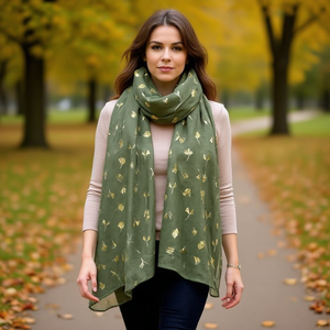 Sciarpa Lunga in Cotone con Motivo a Foglie e Lamina d'Oro 70x180cm per Donna, Accessorio di Moda - Product Image 2