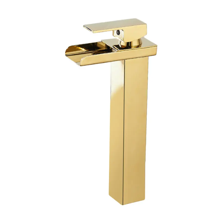 Modern Vintage Gold Waterfall Single Handle Stainless Steel Bathroom Lavatory Vanity Brushed Gold Floor Mounted Brass Faucet