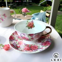 Juego de tazas de porcelana y platillo de porcelana de hueso de lujo, juego de tazas de té de cerámica con mango dorado para casa, hotel y boda