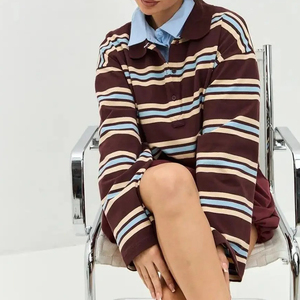 Custom High Quality <strong>Women</strong> Vintage Striped Rugby <strong>Polo</strong> <strong>Long</strong> <strong>Sleeve</strong> Top Oversized Round Collar Half Button Casual Pullover <strong>Shirt</strong> - Product Image 1