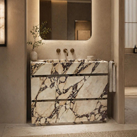 Meuble-lavabo moderne en marbre Calacatta Viola Cammy Stone avec tiroirs, installation sur piédestal, finition polie, personnalisable pour salle de bain