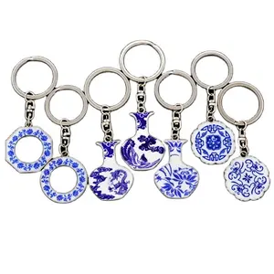 Toptan Chinoiserie Metal anahtarlık mavi ve beyaz porselen anahtarlık özel hatıra hediye