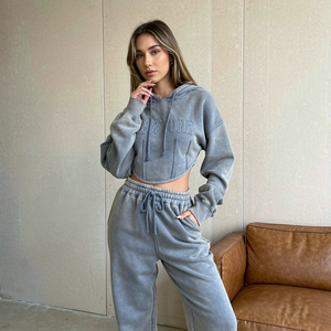Custom Women Two Piece <b>Set</b> Vintage Wash Cropped Hoodie <b>Sweatpants</b> <b>Set</b> For Women Streetwear Womens Fashion Casual Tracksuit <b>Sets</b> - Product Image 3