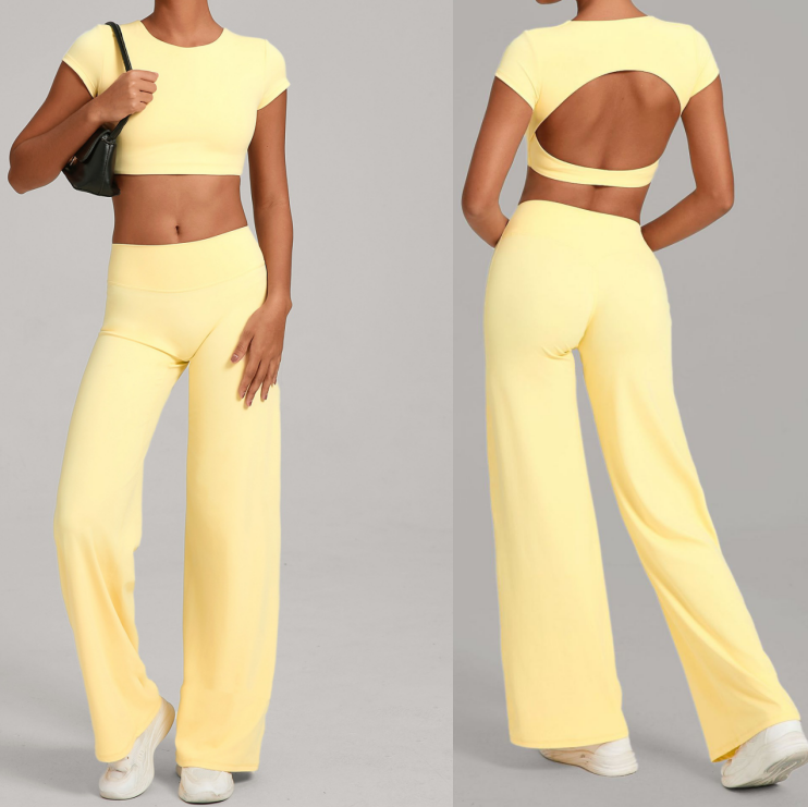 Solid Color Tight Backless Spandex Yoga Top + Straight Leg Hip Lifter Pants, Breathable Quick-drying Women's Yoga Set