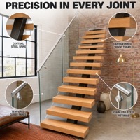 Escalier flottant moderne de luxe en verre trempé, marches en bois et acier inoxydable sur mesure pour villa, hôtel, hall d'entrée, design intérieur
