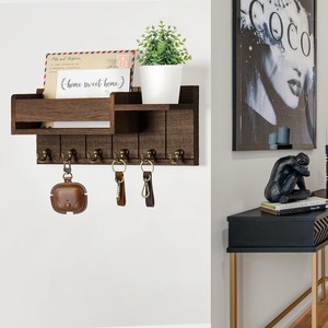 Wooden Wall Mounted Mail And Key Organizer With <b>Hooks</b> And <b>Shelf</b> For Entryway Storage - Product Image 2