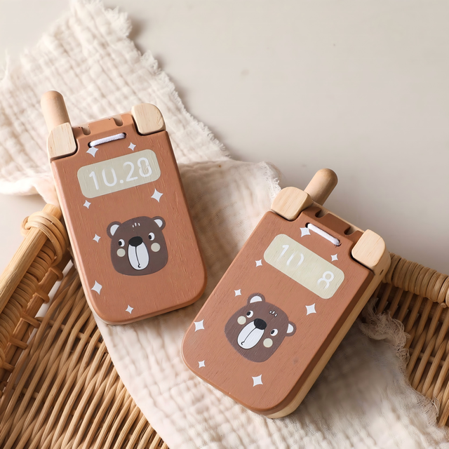 Wooden Montessori Flip Phone Toy Pretend Play Cell Phone with Bear Shape, Toddler Learning Gift for Fine Motor Skills