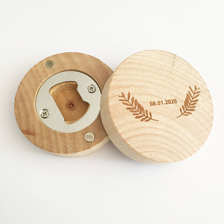 Нет минимального заказа, открывалка для пивных бутылок с логотипом на заказ, магнитная открывалка для бутылок из нержавеющей стали, круглая деревянная открывалка для бутылок