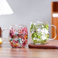 Tasse à café à double paroi isolée en verre borosilicate avec poignée, pour expresso, latte, lait, jus, thé, avec fleurs séchées