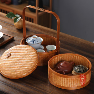 <b>Bamboo</b> Woven Basket Double Layer Lidded Round Food Storage <b>Container</b> For Tea And Fruit Kitchen Use - Product Image 5