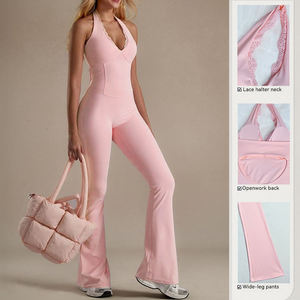 Hot Sale Women Workout Jumpsuit V-neck <b>Open</b> Back Tummy Control Flare Pants High Elastic Yoga Pilates Four-Way Stretch - Product Image 2