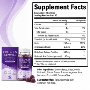 Gummies de Collagène Bio Marque Blanche 500mg avec Acide Hyaluronique, Biotine et Zinc pour le Soutien de la Beauté Adulte – Usine OEM ODM - Product Image 6