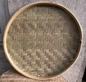 El yapımı dokuma bambu gıda depolama dokuma servis tepsisi organizatör yuvarlak hasır düz sığ dekoratif meyve Rattan sepet