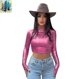 2024 Fashion PU Rave Festival Tops for Women Club Party Solid Long Sleeve Cropped Tops Pullover Slim Clothes