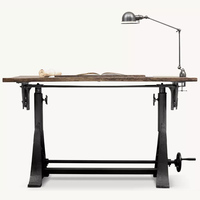 Bureau de dessin industriel élégant et réglable en bois avec base en fonte, mécanisme d'inclinaison et volant pour bureau à domicile, studio, personnalisation OEM