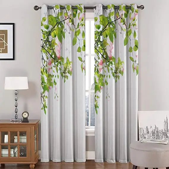 Cheap Price White and Green Color Flower Design 3D Digital Printed Polyester Eyelet 9 Feet Long Door Curtain